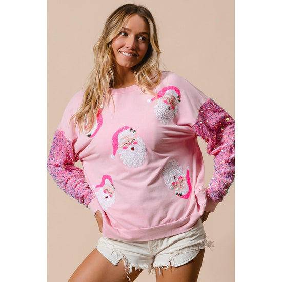 Pink Sequined Santa Claus Long Sleeve Christmas Sweatshirt - M