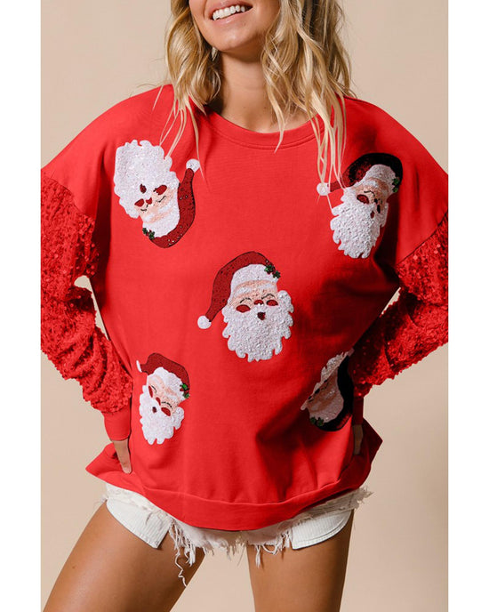Fiery Red Sequined Santa Claus Long Sleeve Christmas Sweatshirt - XL