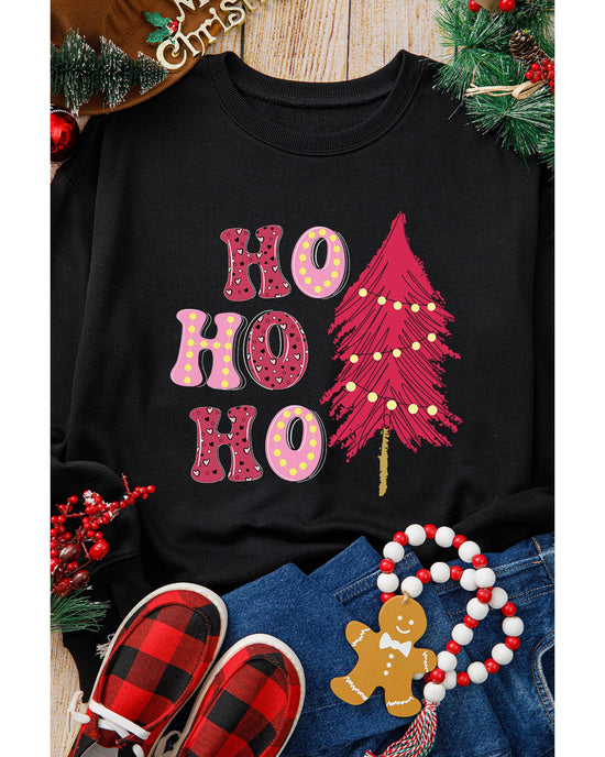Black HO HO HO Christmas Tree Graphic Pullover Sweatshirt - L