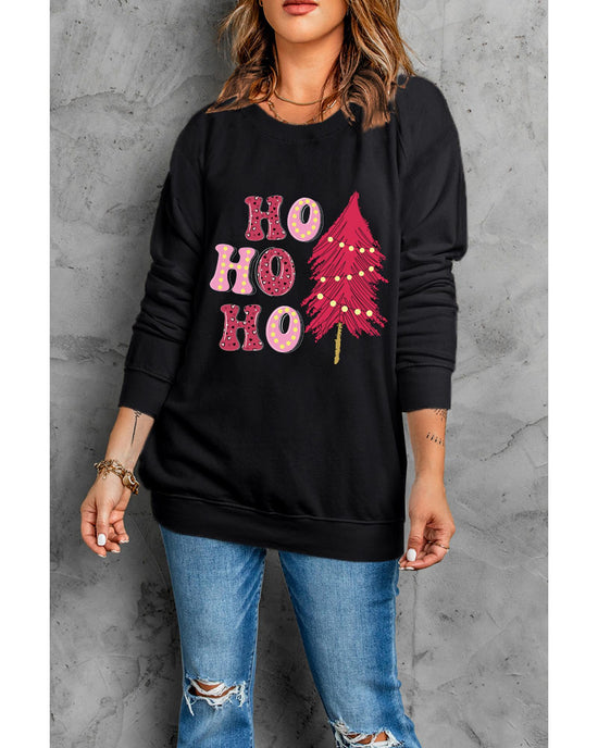 Black HO HO HO Christmas Tree Graphic Pullover Sweatshirt - M