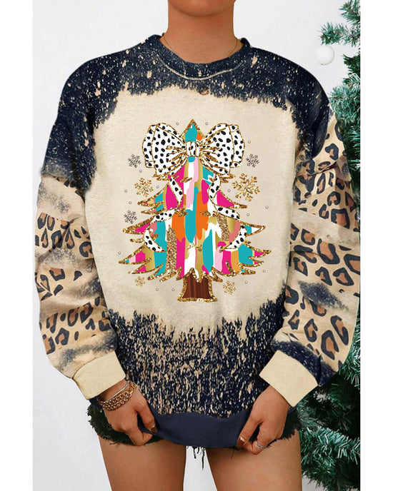 Black Christmas Tree Graphic Bleached Leopard Tie Dye Sweatshirt - S