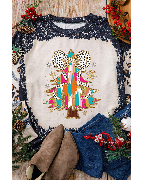 Black Christmas Tree Graphic Bleached Leopard Tie Dye Sweatshirt - S