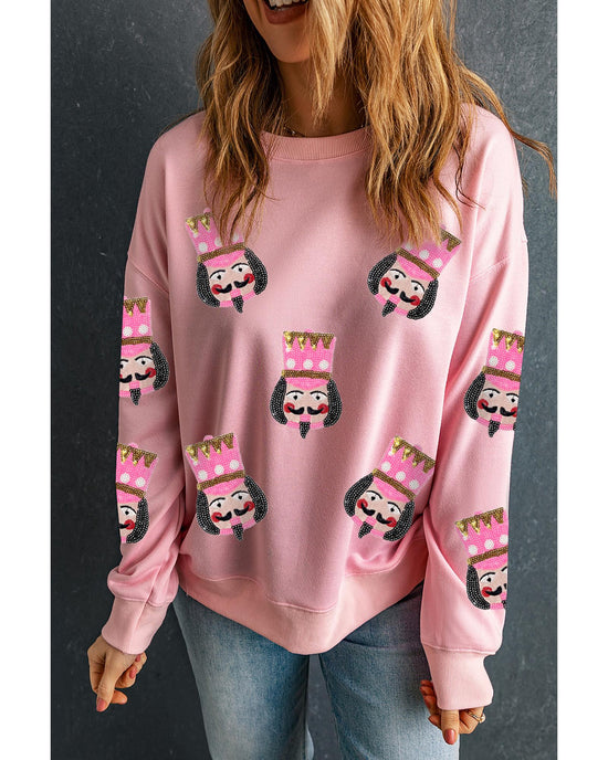 Pink Sequin Nutcracker Graphic Drop Shoulder Christmas Sweatshirt - S