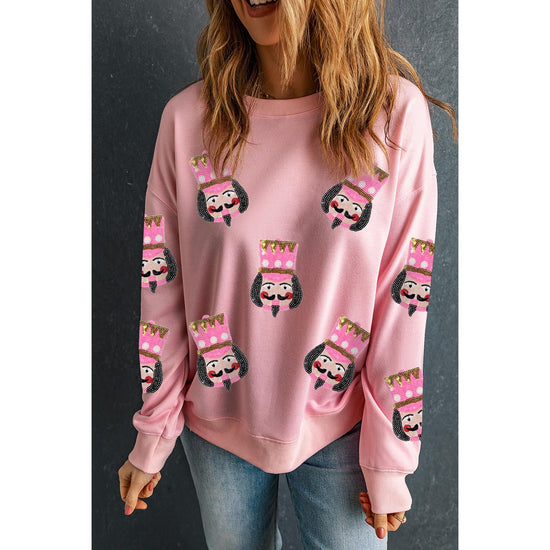 Pink Sequin Nutcracker Graphic Drop Shoulder Christmas Sweatshirt - XL