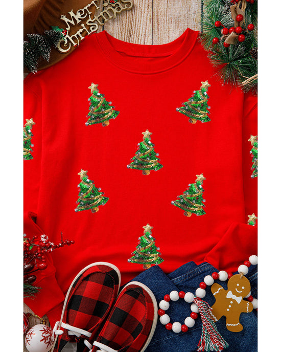Red Sequin Christmas Tree Graphic Drop Shoulder Sweatshirt - XL