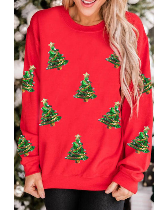 Red Sequin Christmas Tree Graphic Drop Shoulder Sweatshirt - XL