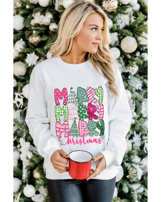 Beige MERRY Christmas Printed Drop Shoulder Pullover Sweatshirt - L