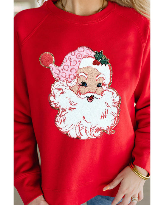 Red Santa Claus Graphic Crewneck Raglan Sleeve Christmas Sweatshirt - M