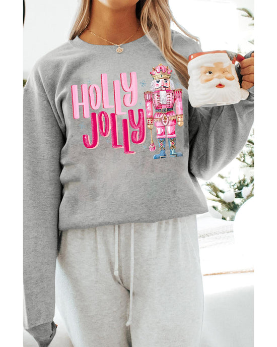 Gray HOLLY JOLLY Nutcracker Print Crew Neck Christmas Sweatshirt - S