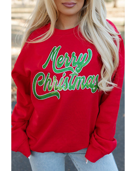 Red Merry Christmas Crewneck Drop Shoulder Loose Sweatshirt - S