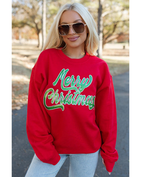 Red Merry Christmas Crewneck Drop Shoulder Loose Sweatshirt - XL