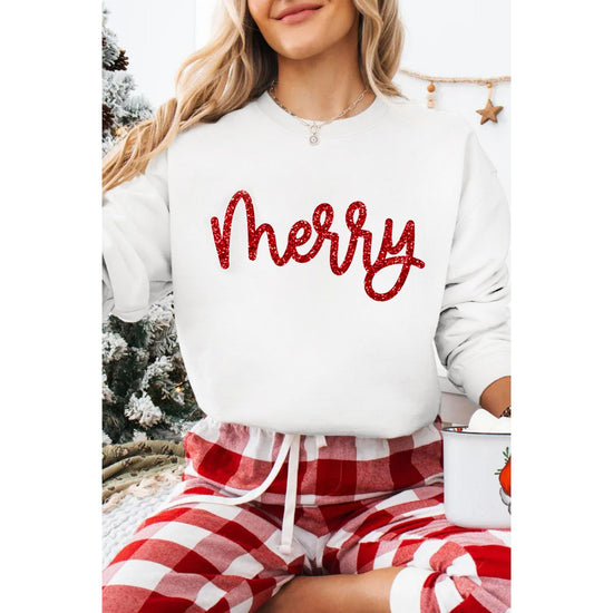 Beige Merry Graphic Christmas Crew Neck Sweatshirt - S