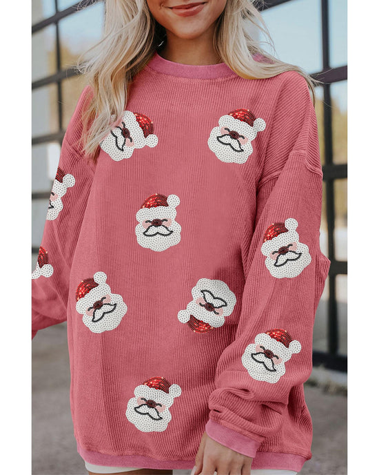 Strawberry Pink Sequin Santa Clause Christmas Corded Sweatshirt - L