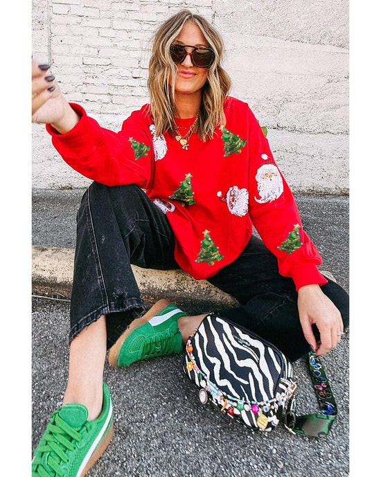 Red Santa Claus Christmas Tree Patched Pattern Drop Shoulder Sweatshirt - L