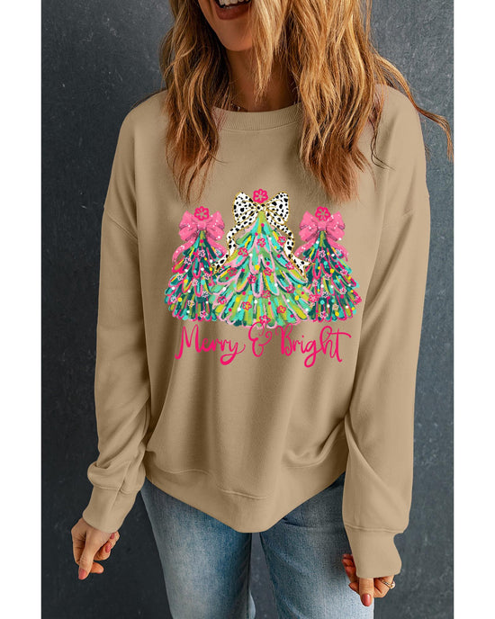 Khaki Merry & Bright Christmas Tree Print Pullover Sweatshirt - M