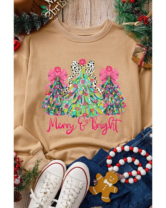 Khaki Merry & Bright Christmas Tree Print Pullover Sweatshirt - S