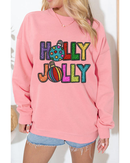 Pink HOLLY JOLLY Christmas Festive Letter Graphic Sweatshirt - S