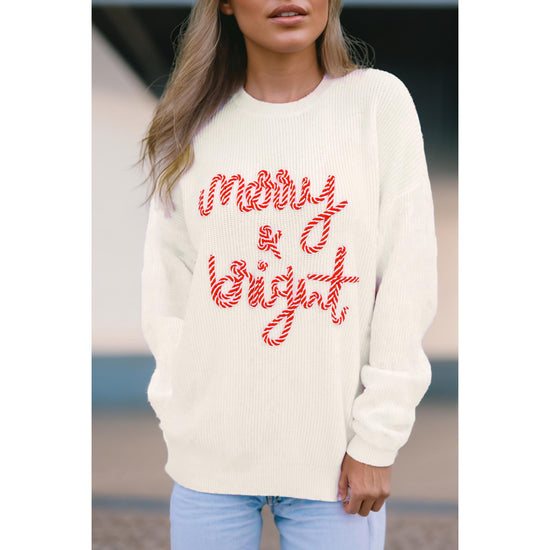White Striped Merry Bright Letter Christmas Sweater - 2XL