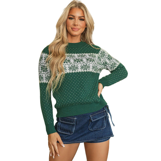 Green Christmas Snowflake Dotted Print Round Neck Sweater - S