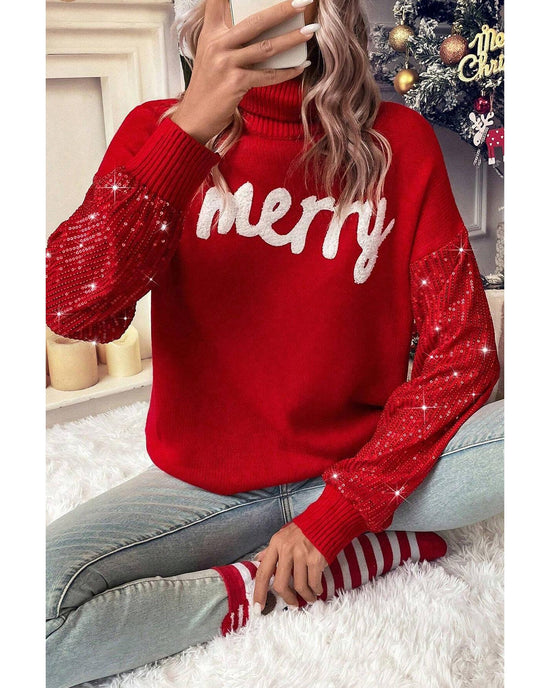 Racing Red Merry Graphic Sequin Sleeves Christmas Turtleneck Sweater - L