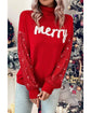 Racing Red Merry Graphic Sequin Sleeves Christmas Turtleneck Sweater - L