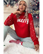 Racing Red Merry Graphic Sequin Sleeves Christmas Turtleneck Sweater - M