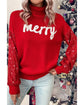 Racing Red Merry Graphic Sequin Sleeves Christmas Turtleneck Sweater - XL