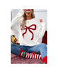 White Bow Pattern Contrast Trim Christmas Loose Graphic Sweater - L