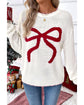 White Bow Pattern Contrast Trim Christmas Loose Graphic Sweater - S