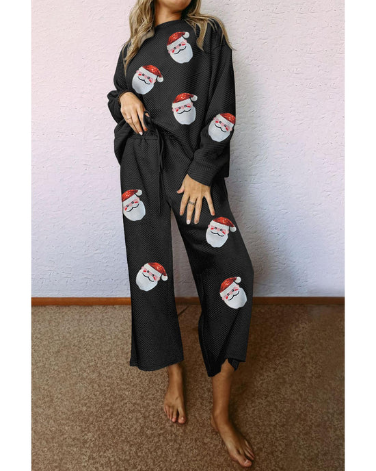 Black Christmas Sequined Santa Clause Print Textured Pants Set - S