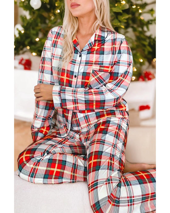 Red Christmas Plaid Print Two Piece Long Sleeve Pajamas Set - S