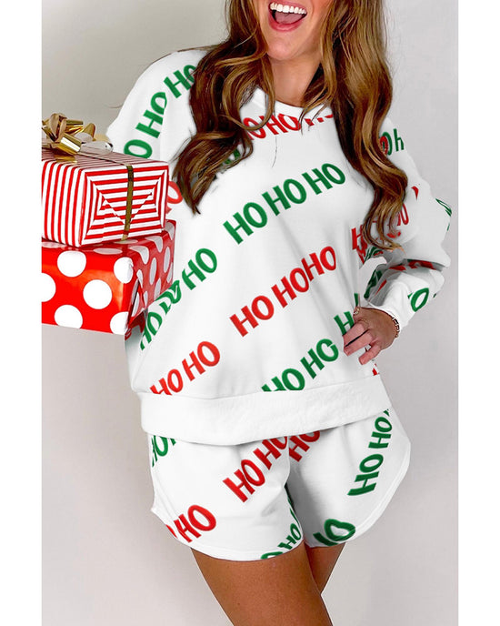 White Christmas HOHOHO Print Drop Shoulder Pullover and Casual Shorts Set - L