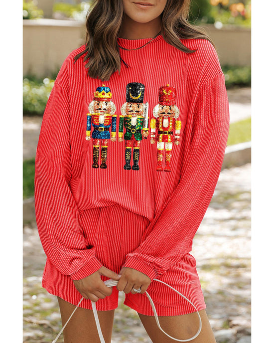 Gold Flame Heat Transfer Christmas Nutcracker Ribbed Long Sleeve Top Shorts Set - S