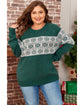 Green Christmas Snowflake Pattern Drop Shoulder Plus Size Sweater - 2X