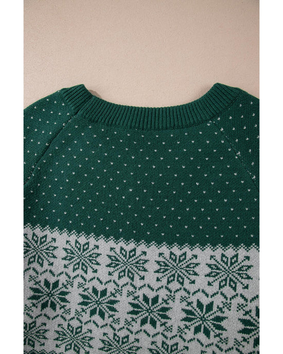 Green Christmas Snowflake Pattern Drop Shoulder Plus Size Sweater - 3X