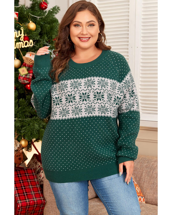 Green Christmas Snowflake Pattern Drop Shoulder Plus Size Sweater - 3X