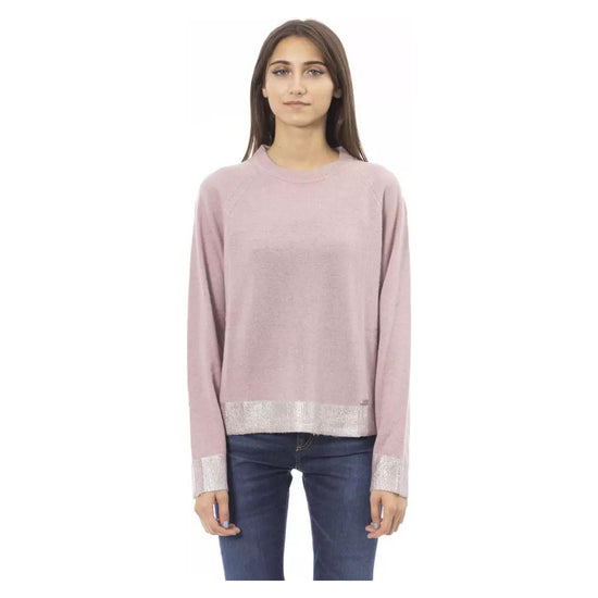 Ribbed Crew Neck Sweater with Long Sleeves and Metal Monogram Detail M Women