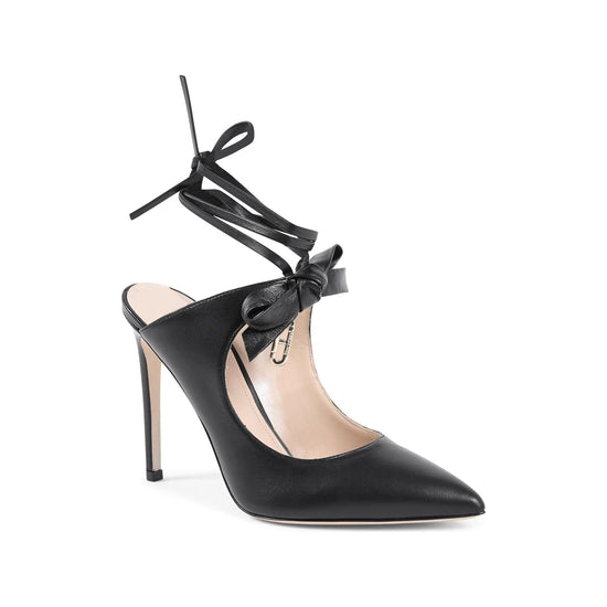 Pointed Toe Leather Mule with Bow and Stiletto Heel - 37 EU