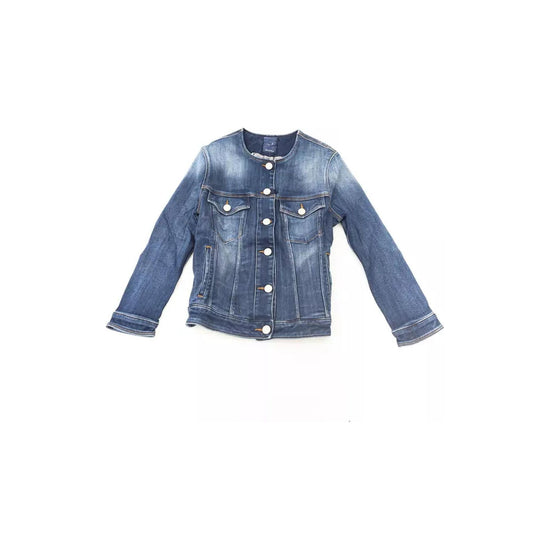 Round Neckline Denim Jacket with Metal Buttons and Contrast Stitching L Women