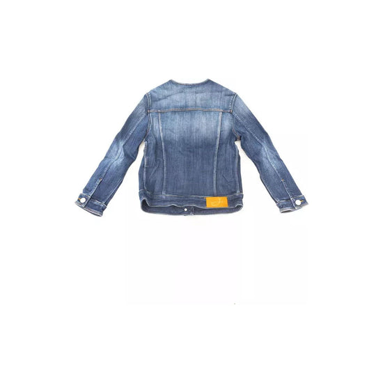 Round Neckline Denim Jacket with Metal Buttons and Contrast Stitching L Women