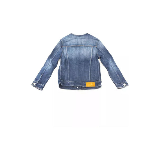 Round Neckline Denim Jacket with Metal Buttons and Contrast Stitching S Women