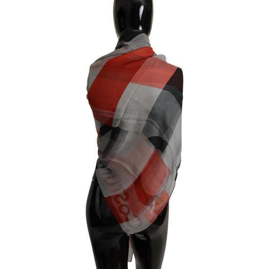 CNC Costume National Grey and Red Checkered Printed Silk Scarf One Size Women