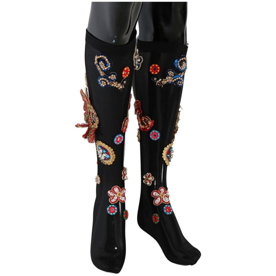 Dolce & Gabbana Black Sequined Crystal Stockings S Women