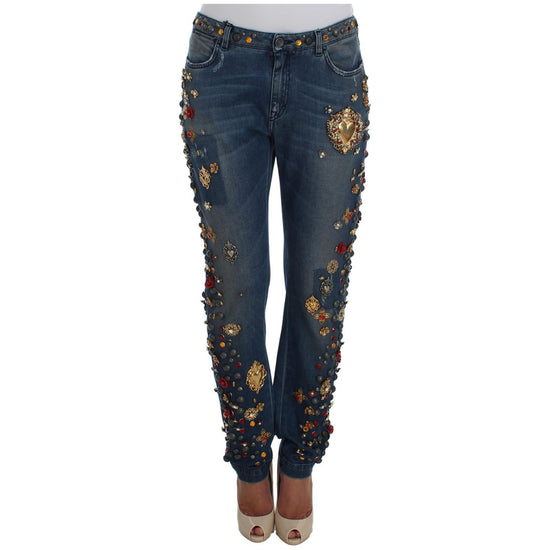 Enchanted Sicily Crystal Heart Roses Boyfriend Fit Jeans 38 IT Women