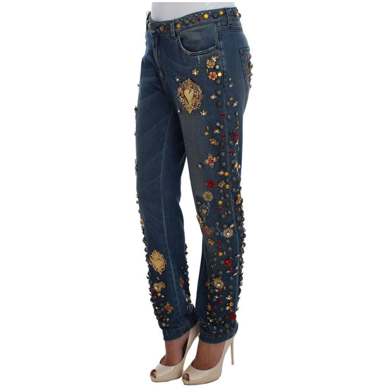 Enchanted Sicily Crystal Heart Roses Boyfriend Fit Jeans 38 IT Women