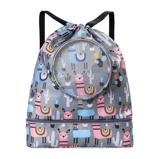 Blue Waterproof Drawstring Beach Bag L Size For Kids Wet & Dry Separation Shoulder Strap - Grey L
