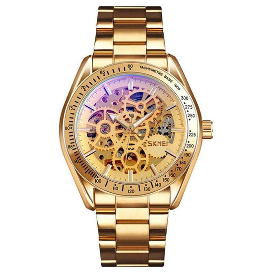 Golden Steel Band Automatic Skeleton Watch For Men