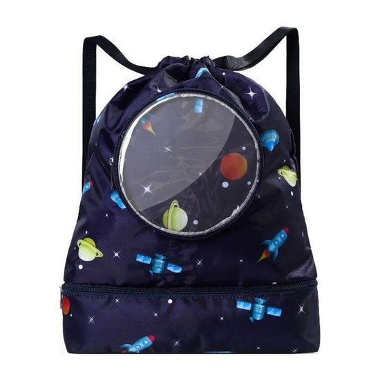Blue Waterproof Drawstring Beach Bag L Size For Kids Wet & Dry Separation Shoulder Strap - Grey S