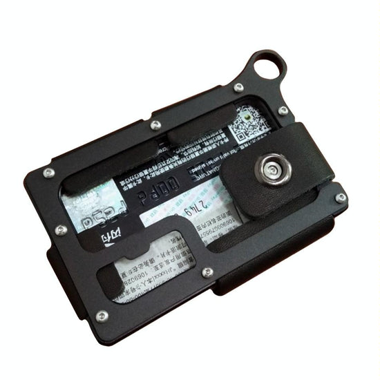 Adjustable Snap Button Wallet Aluminum Alloy & Leather - Black