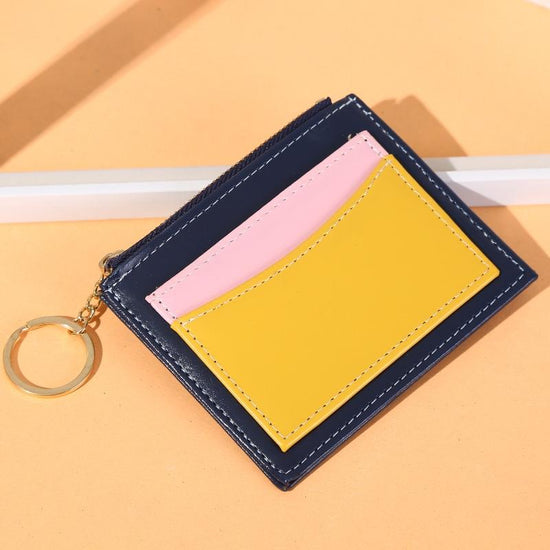 Portable Simple Card Holder Coin Purse With Keychain Unisex Pu Wallet - Blue